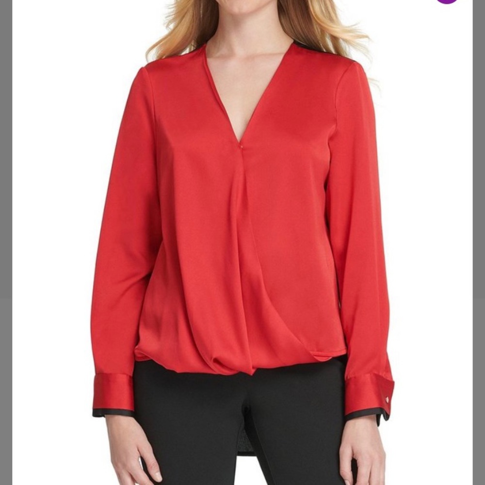 New! DKNY Red satin women’s surplice top Medium